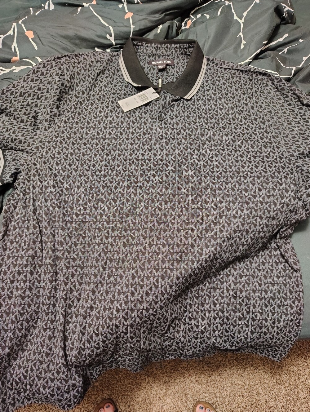 Michael Kors Black and Gray All-Over MK Logo Polo